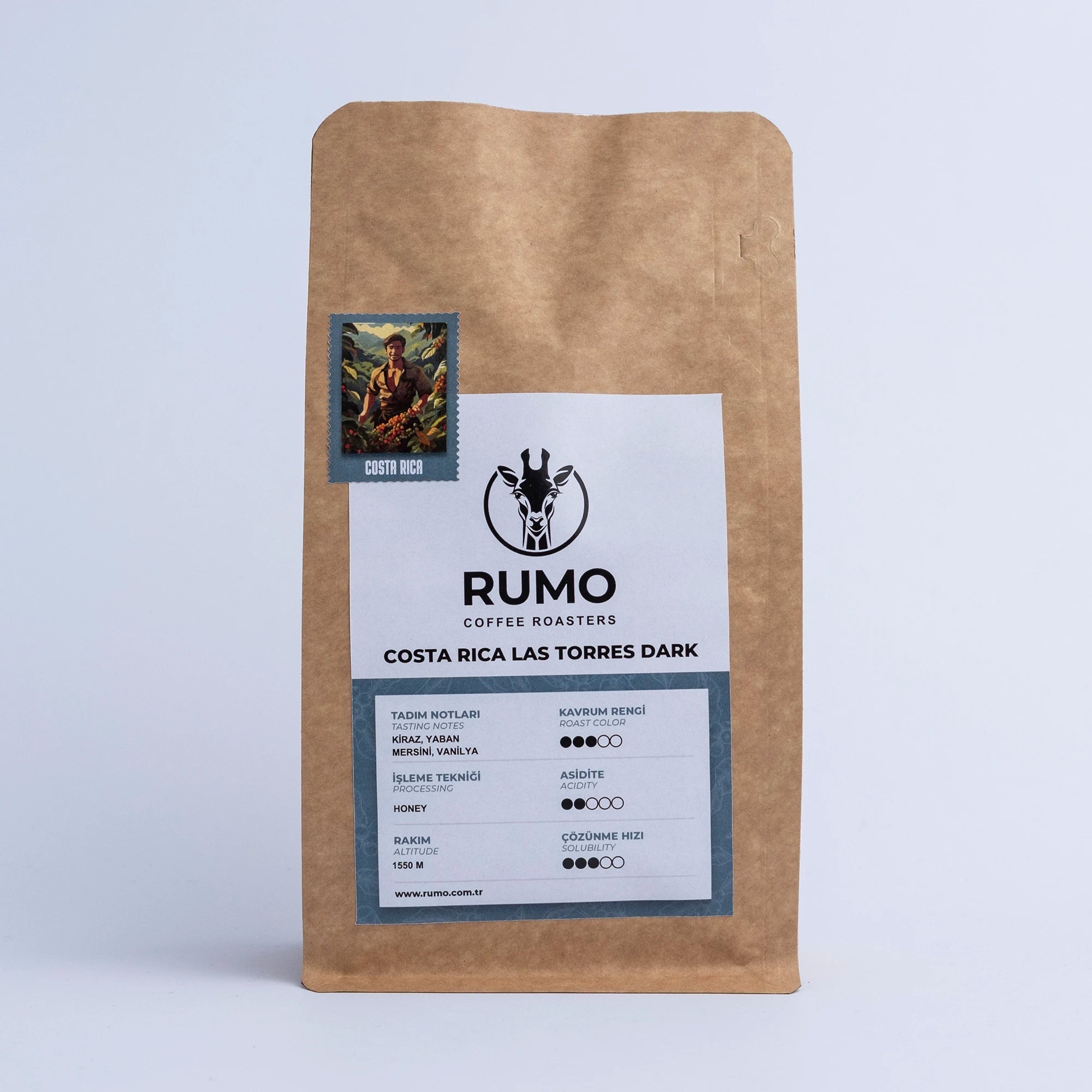 Costa Rica Las Torres Dark kahve ambalajı; Rumo Coffee Roasters tarafından üretilmiştir.