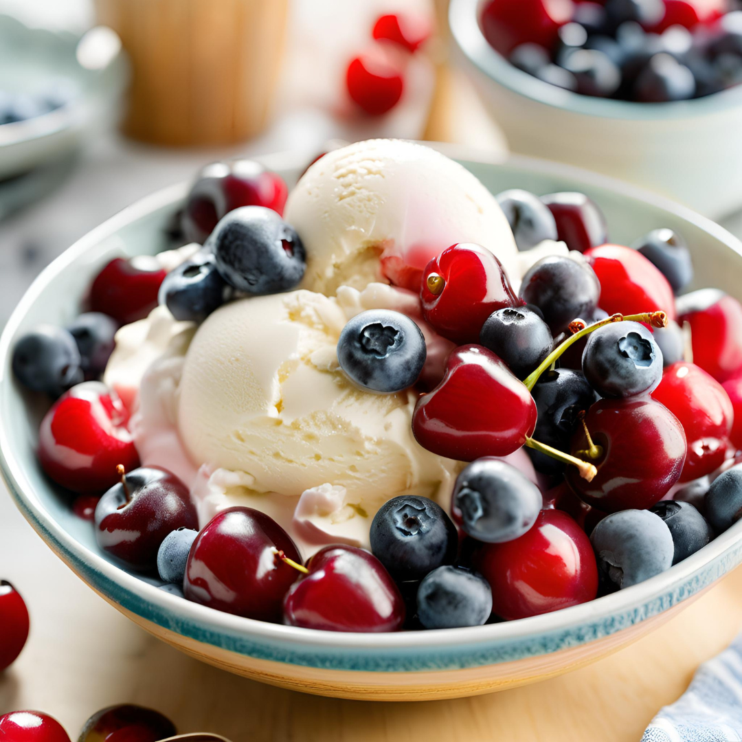 Bowl of vanilla ice cream topped with fresh cherries and blueberries, perfect for summer desserts.