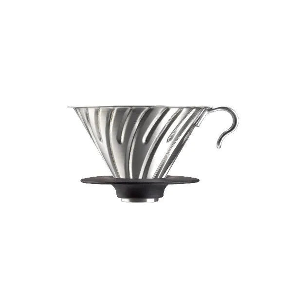 Hario V60 02 Metal Dripper: VDM-02HSV, paslanmaz çelikten, dayanıklı ve taşınabilir kahve demleme aparatı.