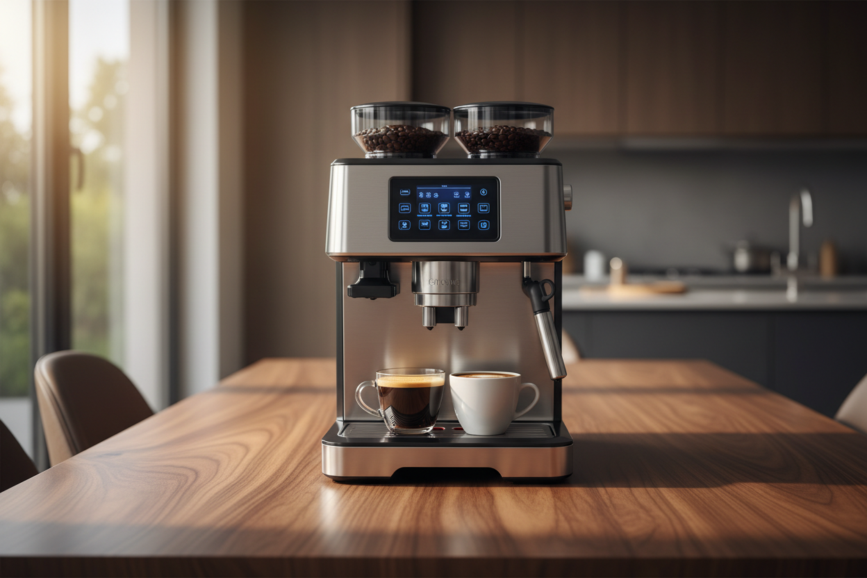 Otomatik Kahve Makinesi masa üstünde, espresso ve beyaz kahve hazırlamakta, modern mutfak arka planda.