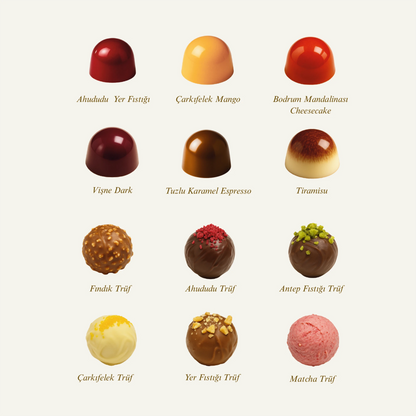 Bonbon &amp; Trüf Çikolata çeşitleri: Ahududu Yer Fıstığı, Çarkıfelek Mango, Bodrum Mundelinası Cheesecake, ve daha fazlası.