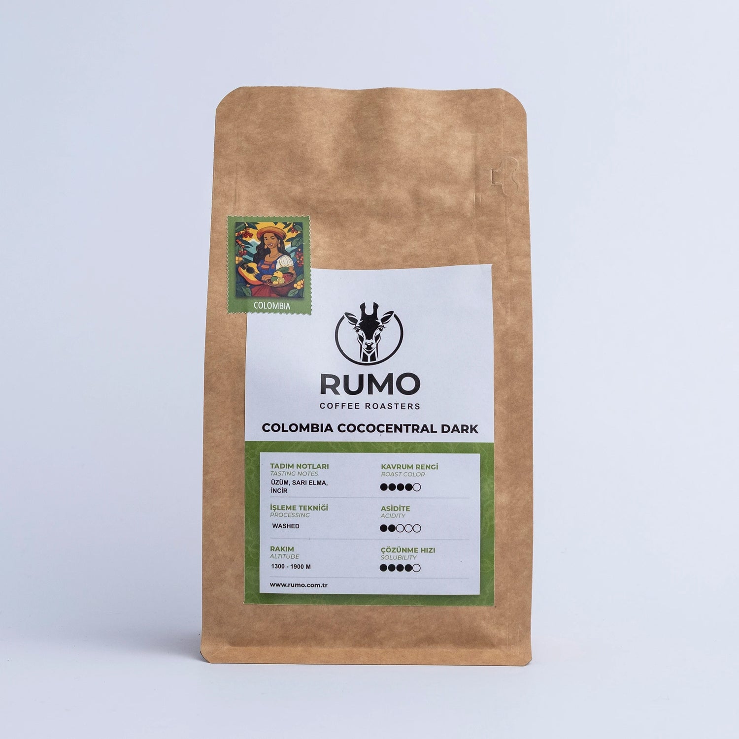 Colombia Cococentral Dark kahve paketi, Rumo Coffee Roasters markalı, kahve tadım notaları ve bilgiler içeriyor.