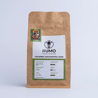 Colombia Cococentral Dark kahve paketi, Rumo Coffee Roasters markalı, kahve tadım notaları ve bilgiler içeriyor.