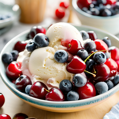 Bowl of vanilla ice cream topped with fresh cherries and blueberries, perfect for summer desserts.